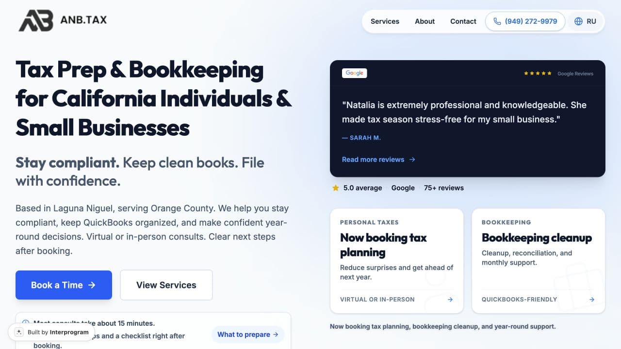 ANB.TAX homepage showing tax prep and bookkeeping positioning, Google reviews, and booking calls to action